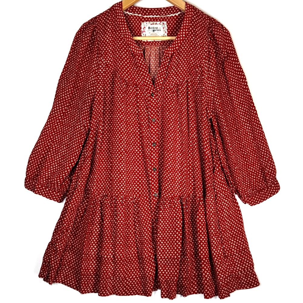 Anthropologie Holding Horses Tunic Top Small‎ Burnt Red Tiered Hem Rayon Prairie